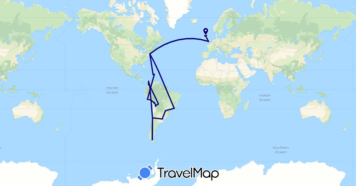 TravelMap itinerary: driving in Argentina, Bolivia, Brazil, Chile, Colombia, Dominican Republic, United Kingdom, Peru, United States (Europe, North America, South America)